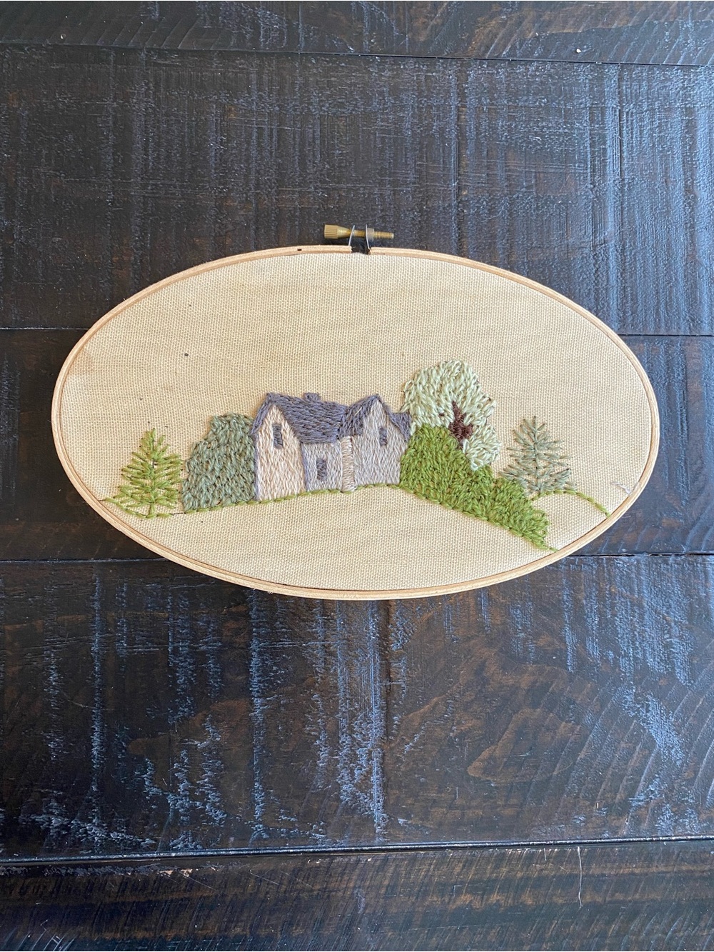 Hand-Embroidered Cottage Landscape Wall Art - Green and Cream